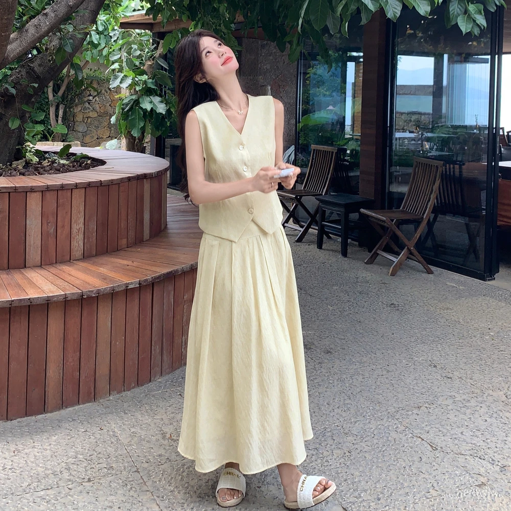 法式小香风马甲套装裙夏季女休闲气质显瘦温柔风百褶半身裙两件套