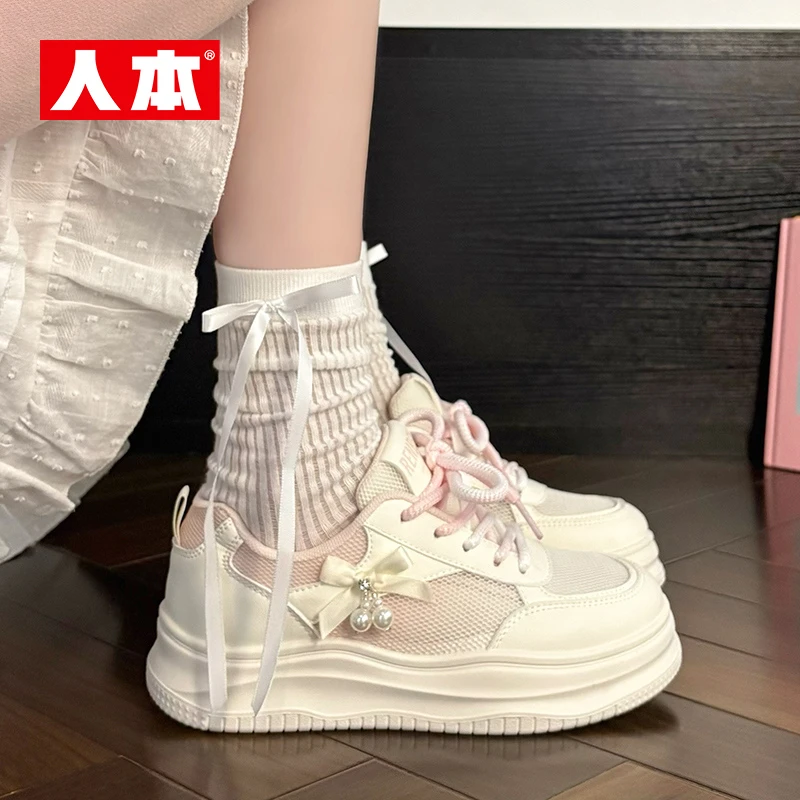 人本女鞋少女心蝴蝶结珍珠多巴胺小白鞋新款网面透气百搭厚底板鞋