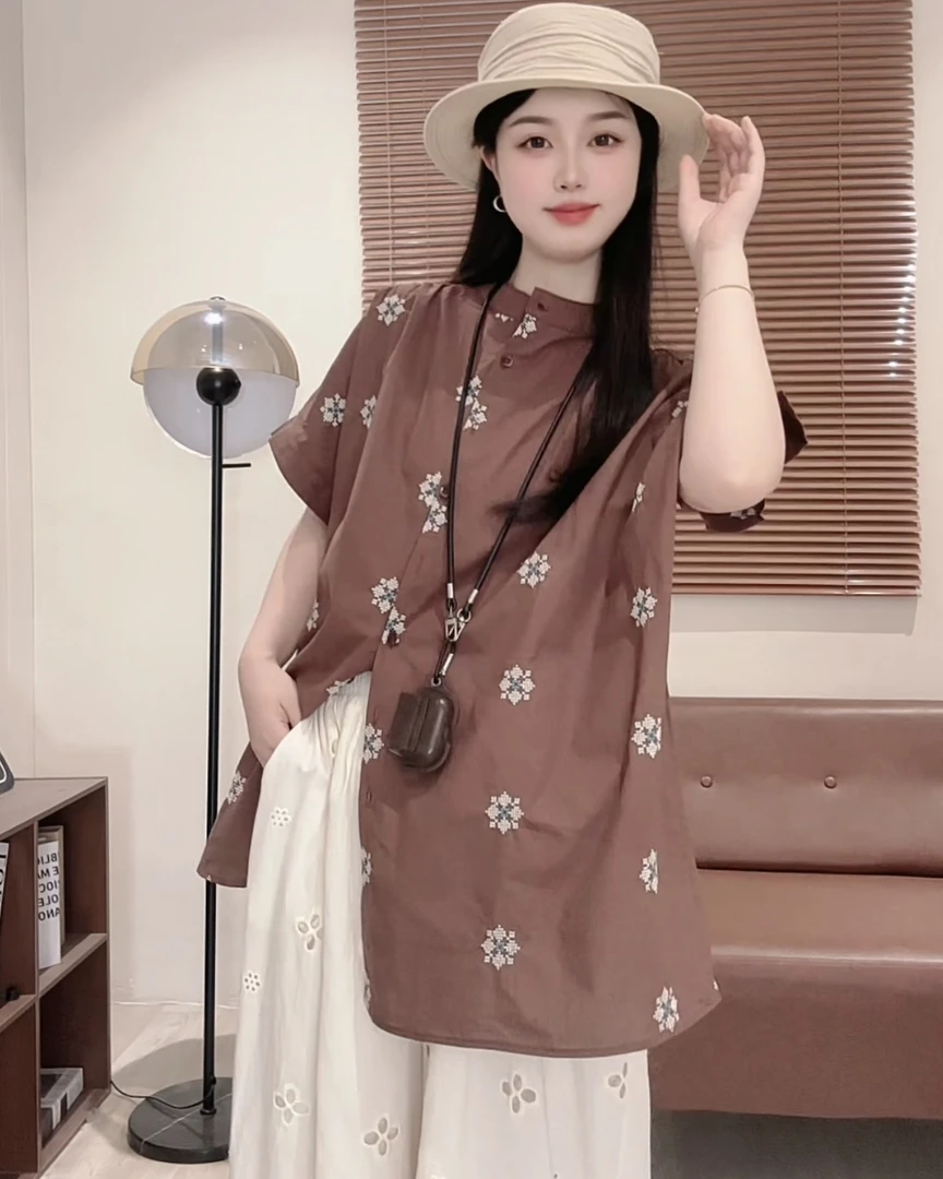 【咖色刺绣】休闲宽松百搭复古显瘦夏季t恤韩版时尚套装印花中长款