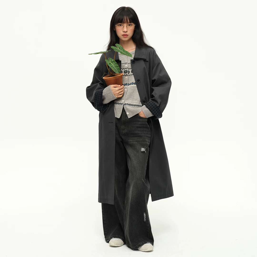 omont蛋挞家复古英伦风撞色格纹领风衣外套2025秋设计感宽松外套