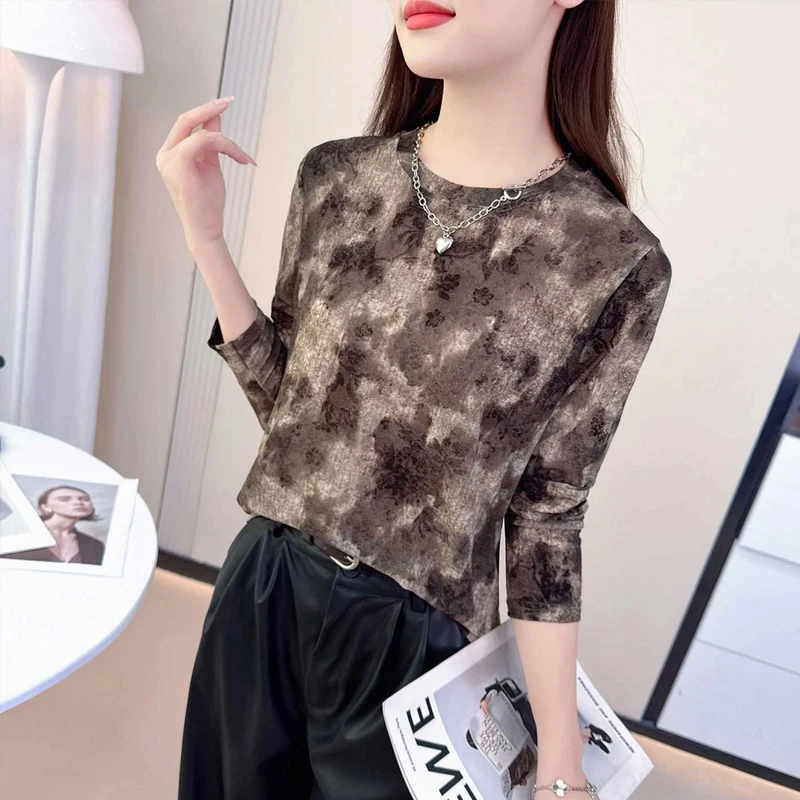 网纱V领长袖t恤女2025秋季新款修身打底衫碎花遮肚弹力T恤高级感