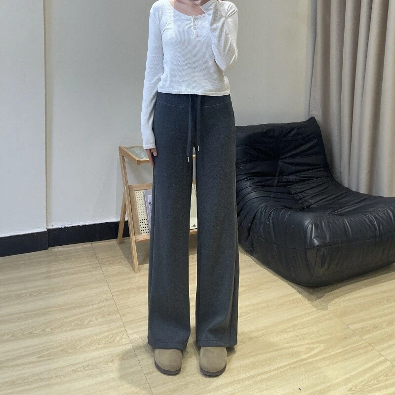 2025年秋灰色卫裤女直筒显瘦遛弯裤大码胖mm松弛感抽绳阔腿休闲裤