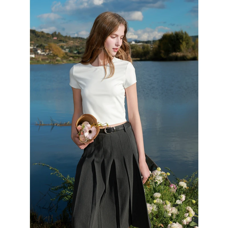 三彩2025春季新款修身短款圆领T恤正肩短袖上衣基础套头衫休闲M