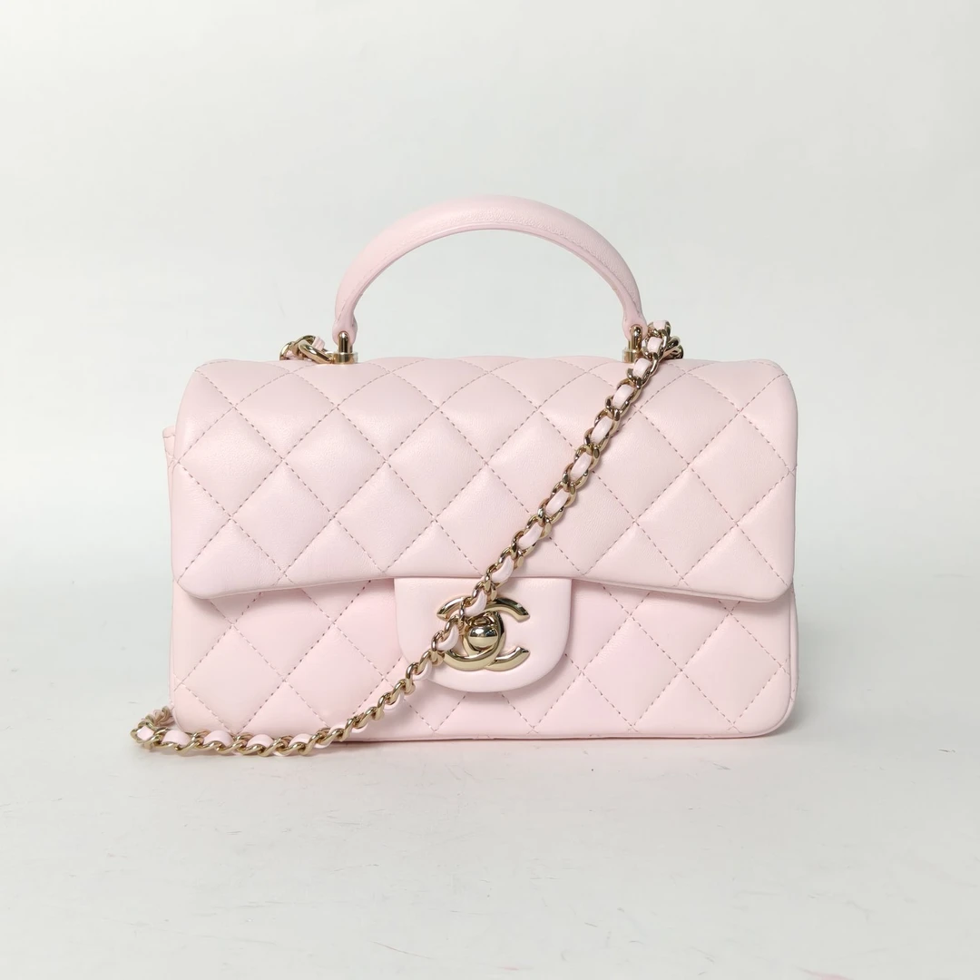 99新 Chanel/香奈儿 双攀-CF口盖包手柄大Mini 粉 皮革 芯片浅金