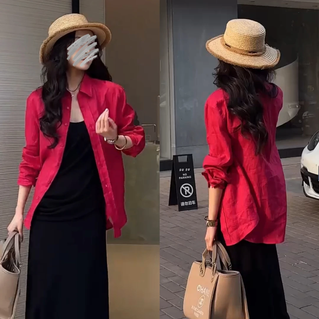 2025夏季新款时尚显瘦气质女士网红洋气红色衬衫百搭款D6668