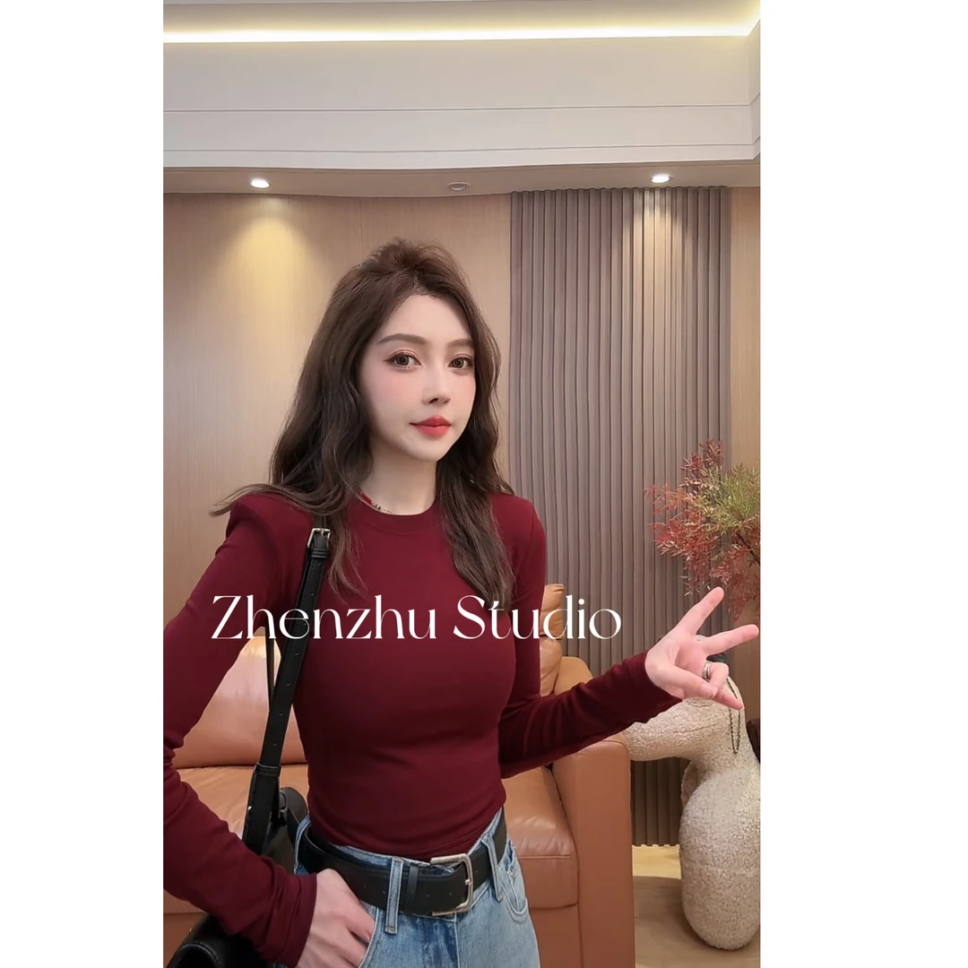 I29 净版纯色修身打底衫~磨毛垫肩款 DI2958