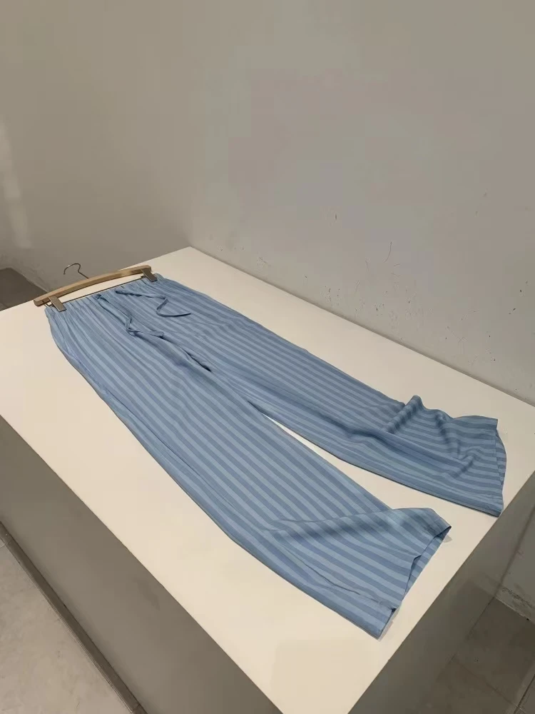 原单女士轻薄夏季系带松紧腰舒适宽松条纹直筒休闲裤百搭