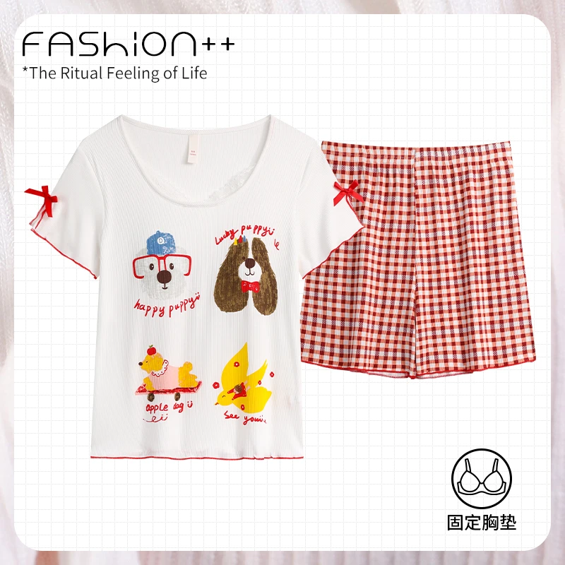 睡衣女士夏季莫代尔冰丝凉感短袖短裤可外穿甜美可爱带胸垫家居服