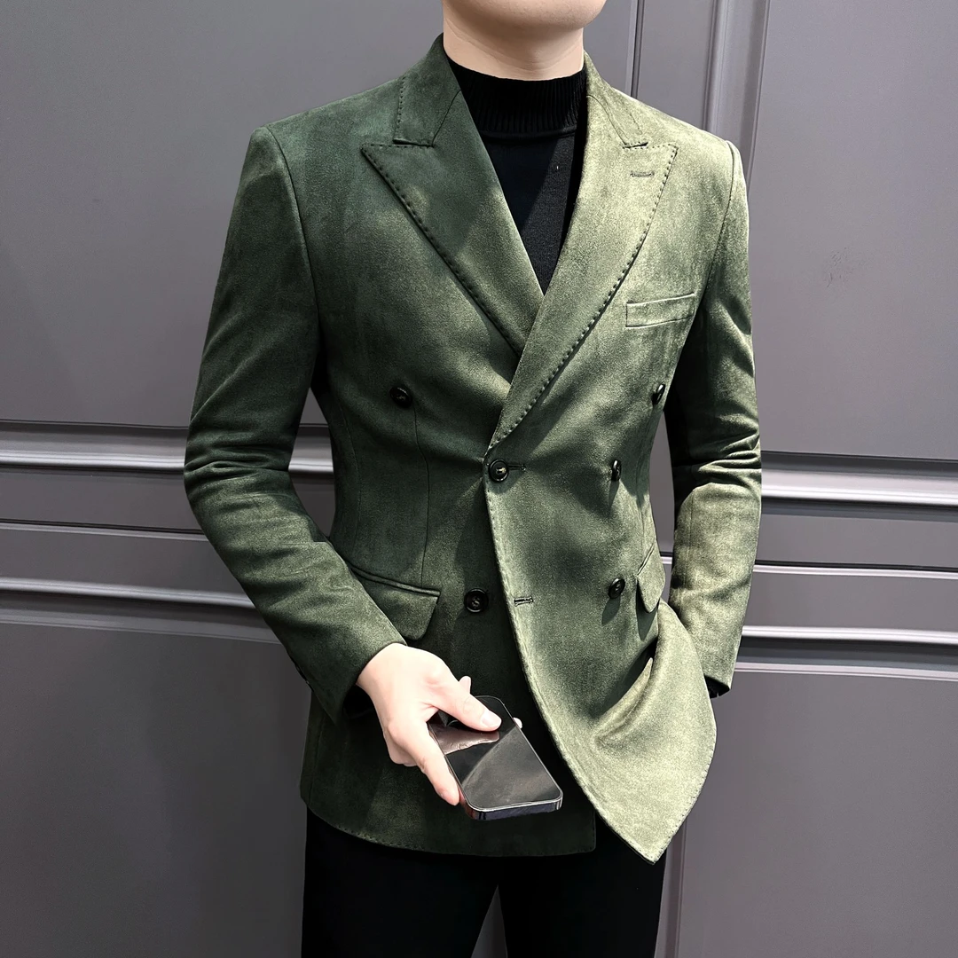 戗驳领休闲西装外套男款秋季2025新款爆款鹿皮绒双排扣男士小西服