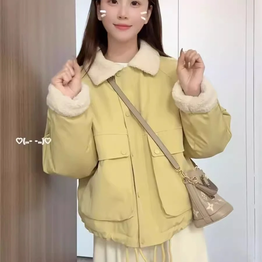偏汐羊羔毛毛领派克服短款外套女2025冬季新款加绒加厚棉服上衣女
