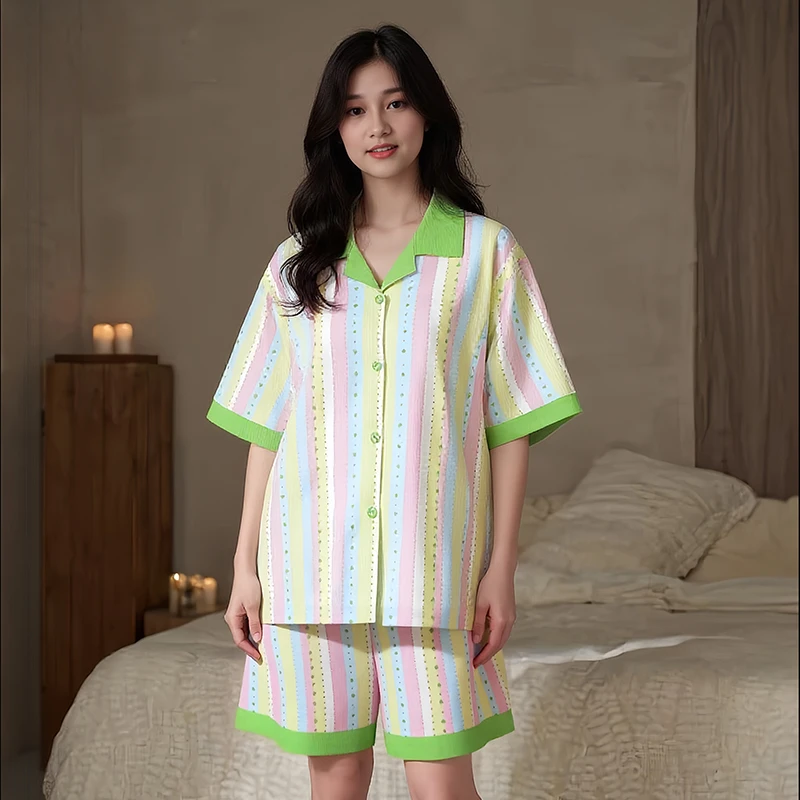 炸姐短袖睡衣女夏季2025新款撞色条纹爱心休闲套装可外穿家居服