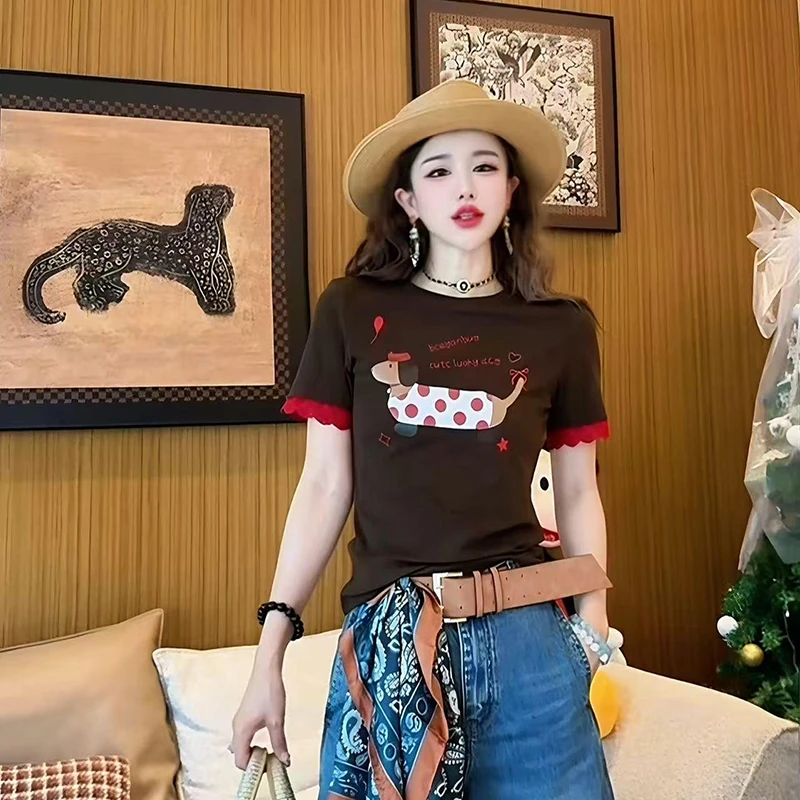 韩系简约可爱腊肠小狗正肩短袖t恤2025夏季新款休闲百搭时尚上衣