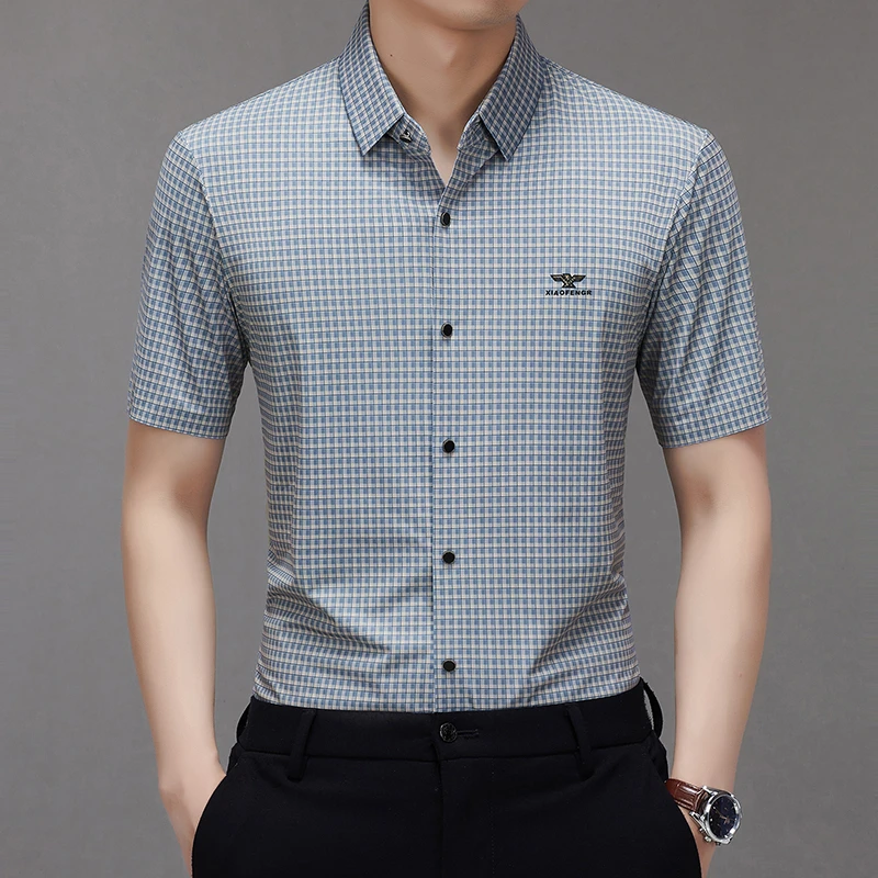 男士夏季短袖衬衫经典格子衬衫清凉透气短袖面料免熨烫高弹力衬衫