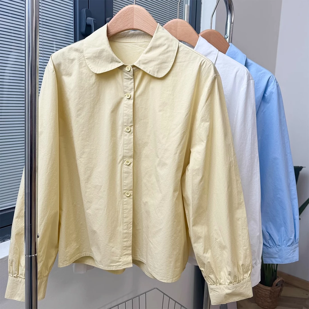 1095娃娃领大翻领短款衬衣极简风全棉百搭灯笼袖纯色衬衫复古女装