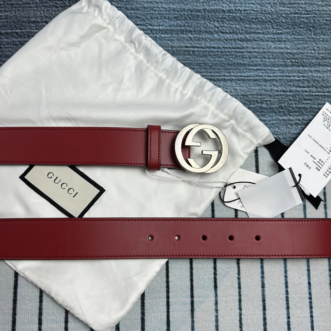 未使用 GUCCI/古驰 古驰双G酒红色银扣腰带