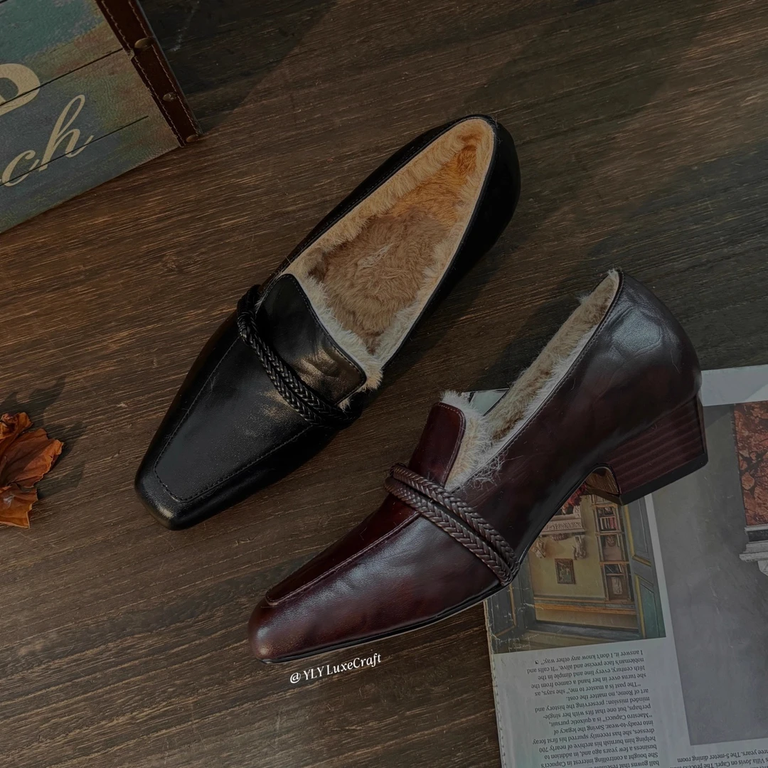 L166冬季手工编织法式复古粗跟加绒加厚毛毛单鞋女大码保暖皮鞋