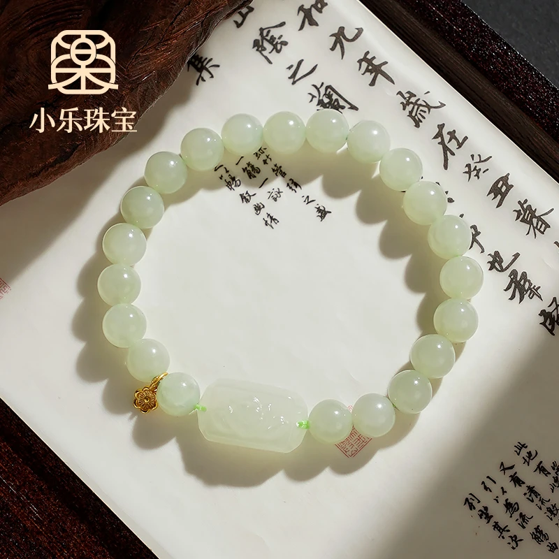 原创简约百搭天然和田玉莲花S925银花朵素圈手链多样性发一-9682