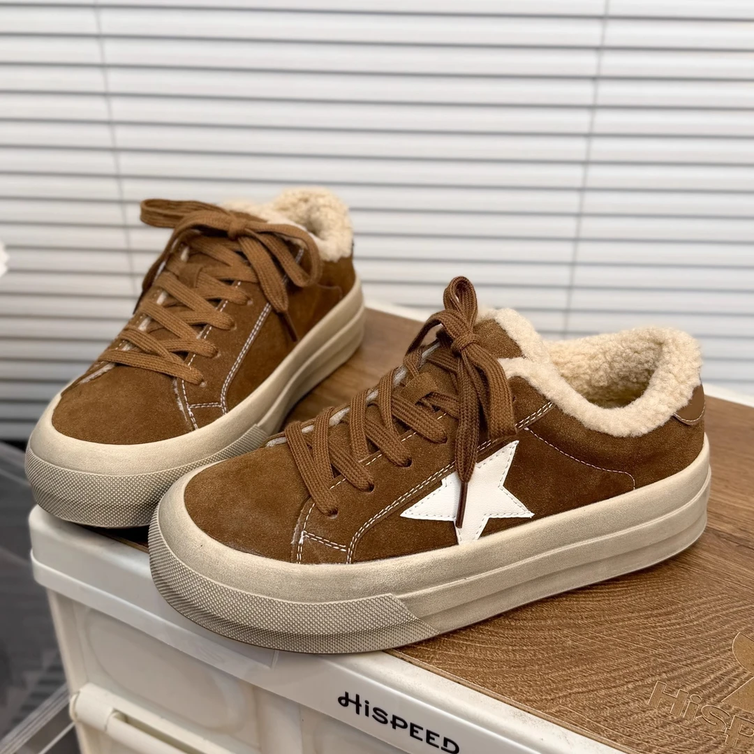 韩版磨砂皮加绒星星板鞋女2025秋冬新款厚底脏脏鞋百搭休闲大棉鞋