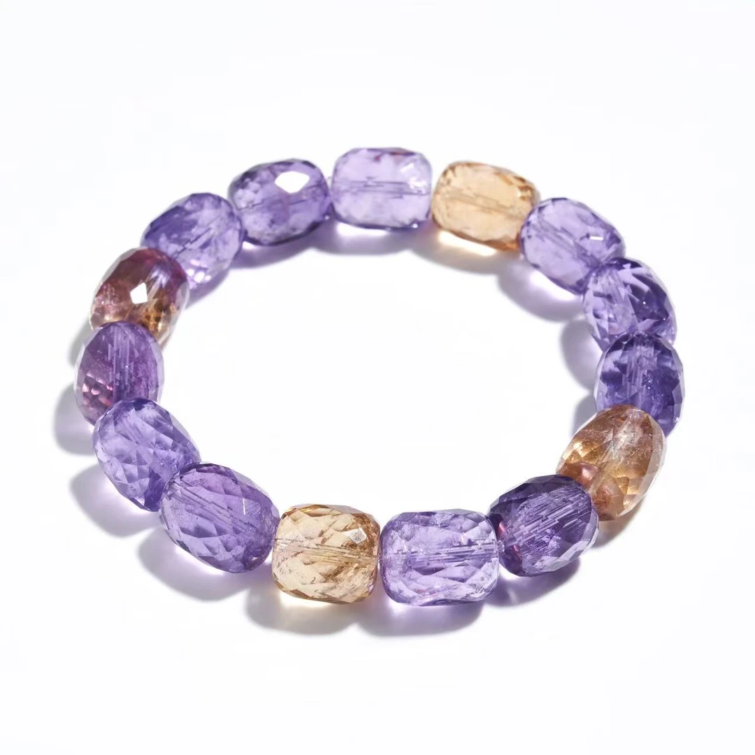 【财星双耀】天然多边形切面紫水晶黄水晶水晶手串 配礼盒证书发出