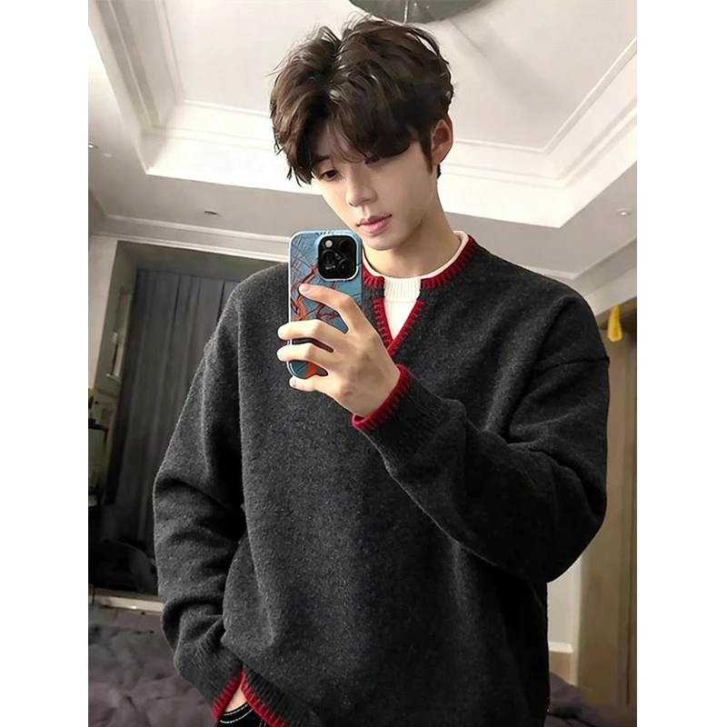 黑色假两件撞色v领毛衣男款冬季加厚针织衫慵懒高级感内搭打底衫