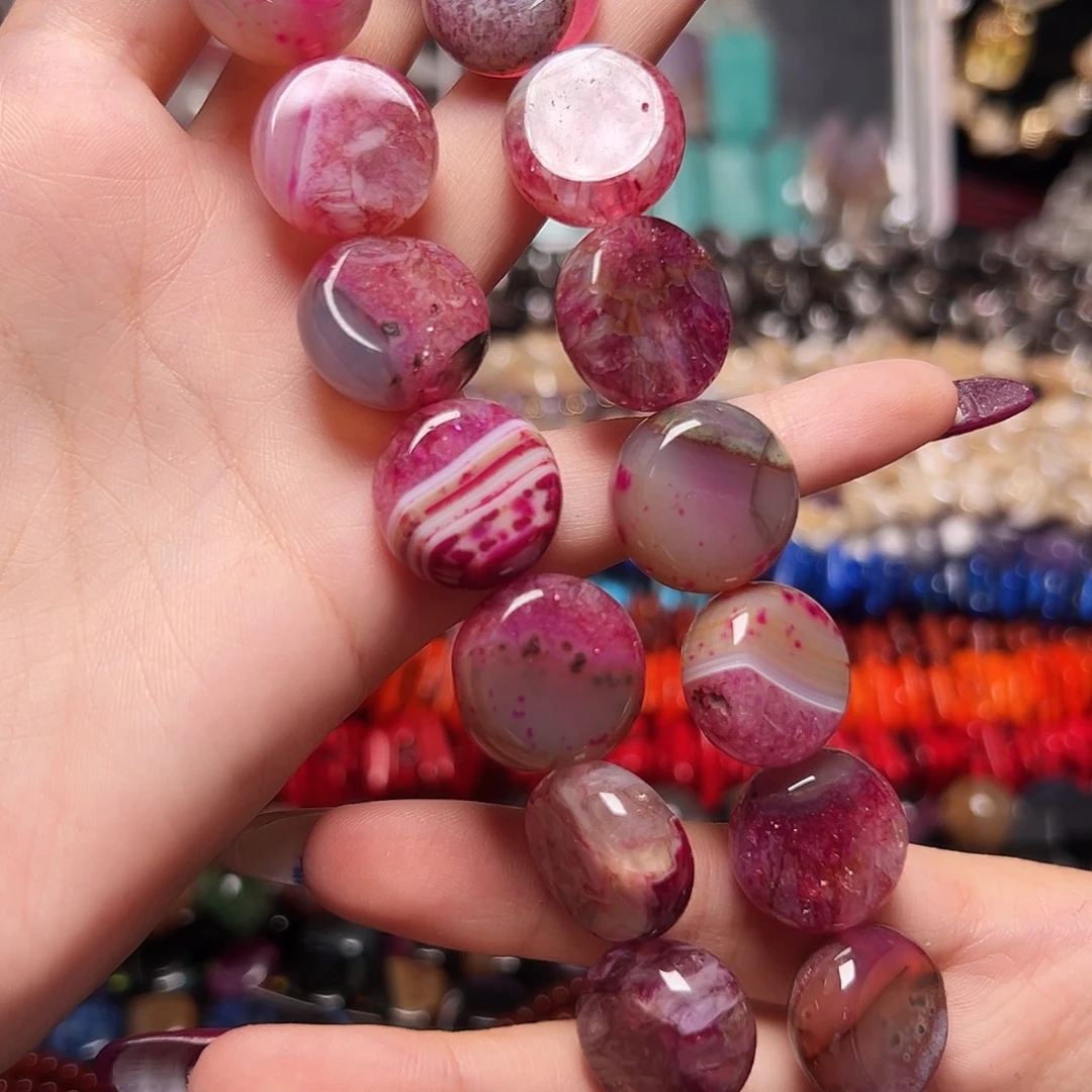 玛瑙/玉髓足银镶嵌珠宝半成品Z745粉水晶玛瑙共生石圆饼18.4*7.7