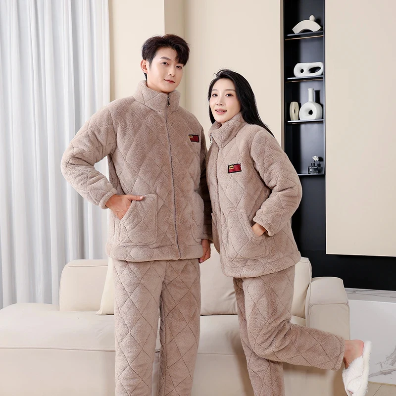 2025冬季情侣款米粒绒三层夹棉加厚拉链防风特厚可外出家居服睡衣