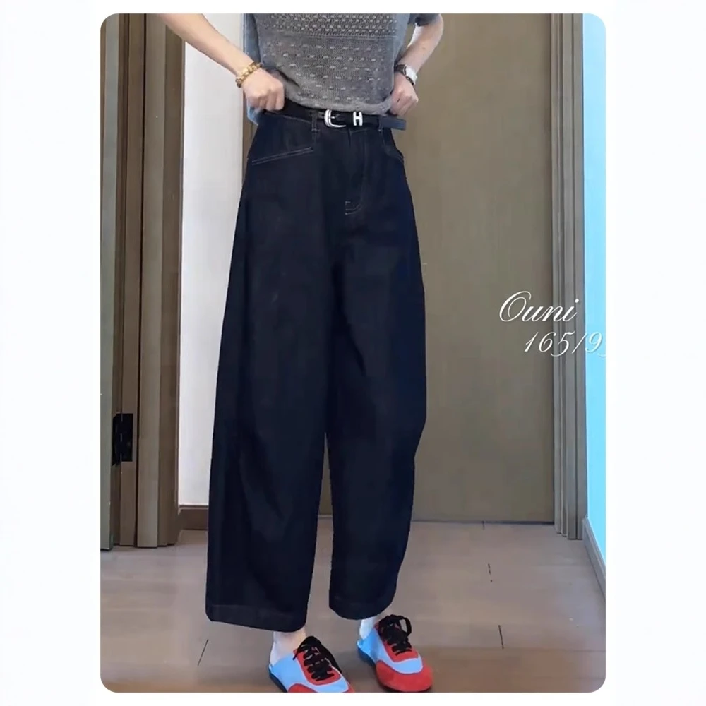 丹宁蓝弯刀薄款牛仔阔腿裤女夏大码宽松小个子高腰遮肉九分弯刀裤