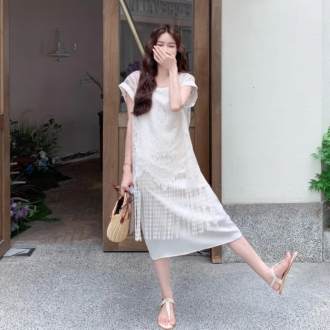 假两件流苏拼接刺绣连衣裙女夏2025新款小个子巨好看独特漂亮裙子