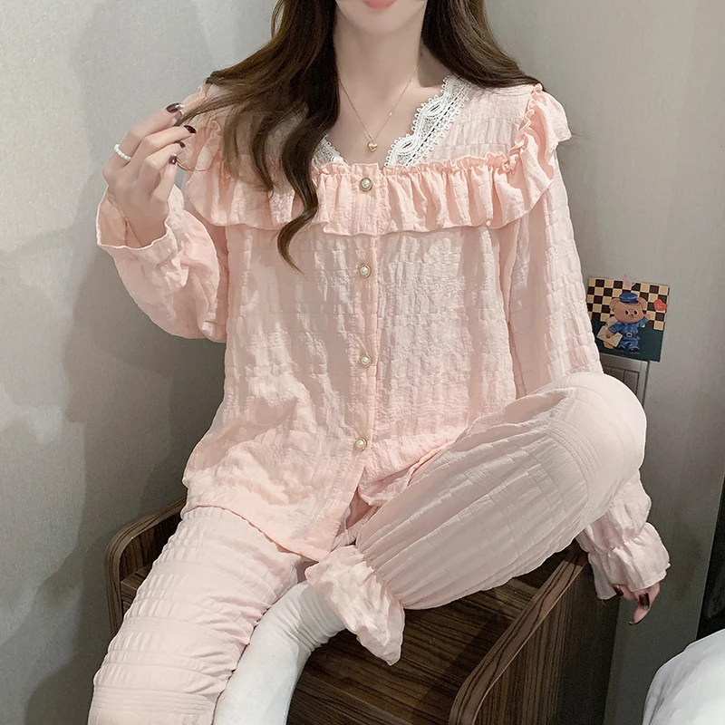 睡衣女长袖家居服甜美春秋季花边韩版公主风开衫家居服套装9020