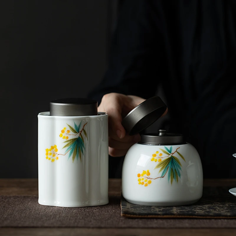 停产纯手绘枇杷茶叶罐双层密封陶瓷罐茶叶储存防潮罐功夫茶具茶仓