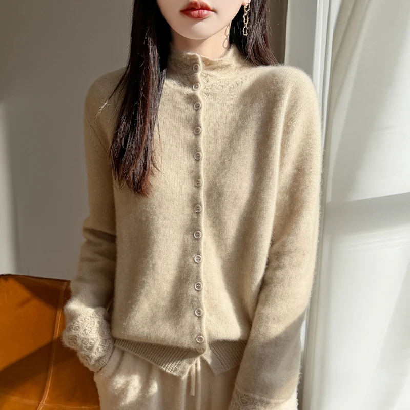 手工钩花 100%纯羊毛开衫女半高领秋冬新款百搭针织毛衣DMR2531