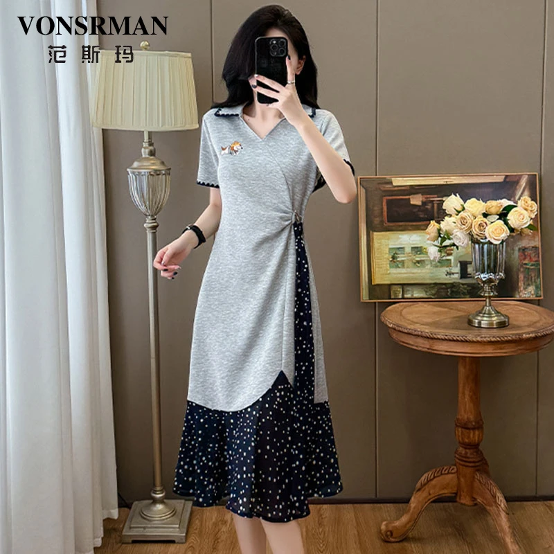 波点拼接连衣裙女夏季新款时尚休闲印花不规则褶皱收腰显瘦polo裙