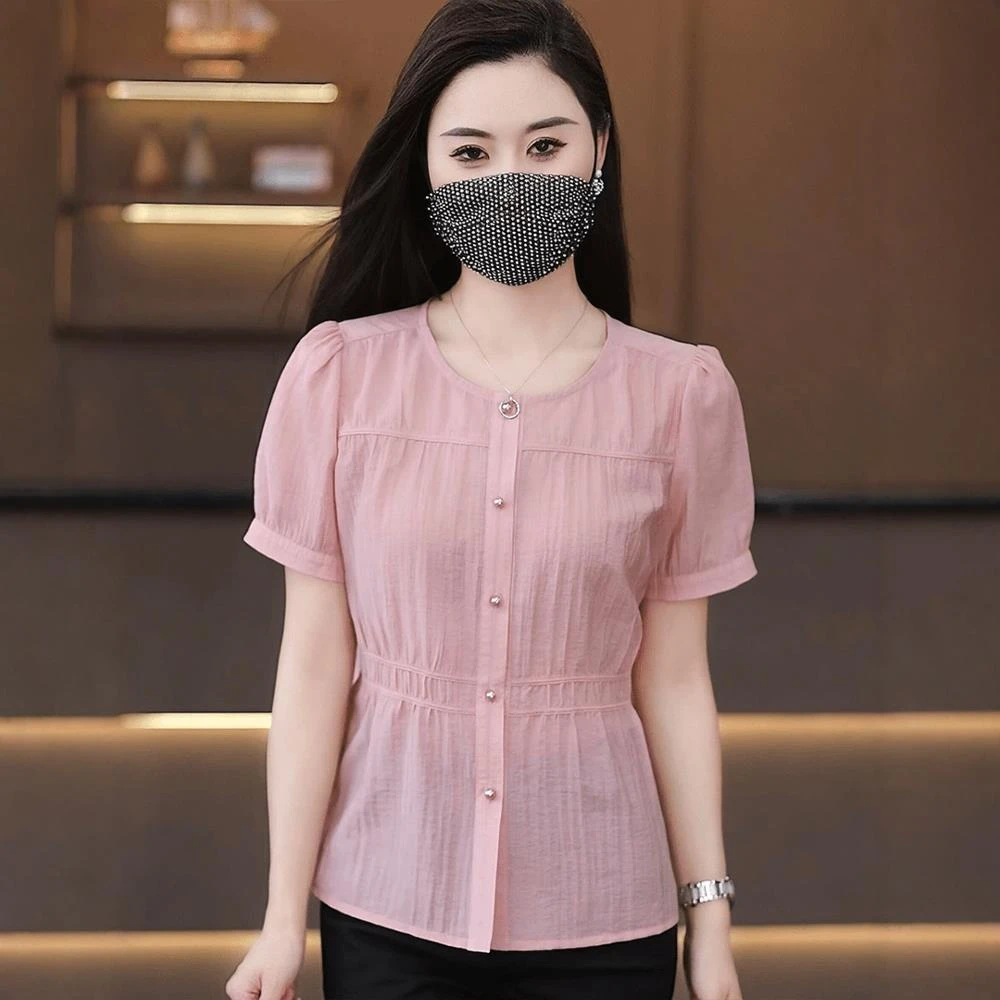 夏季热卖圆领短袖衬衫女F宽松显瘦洋气百搭中老年妈妈装纯色衬衣