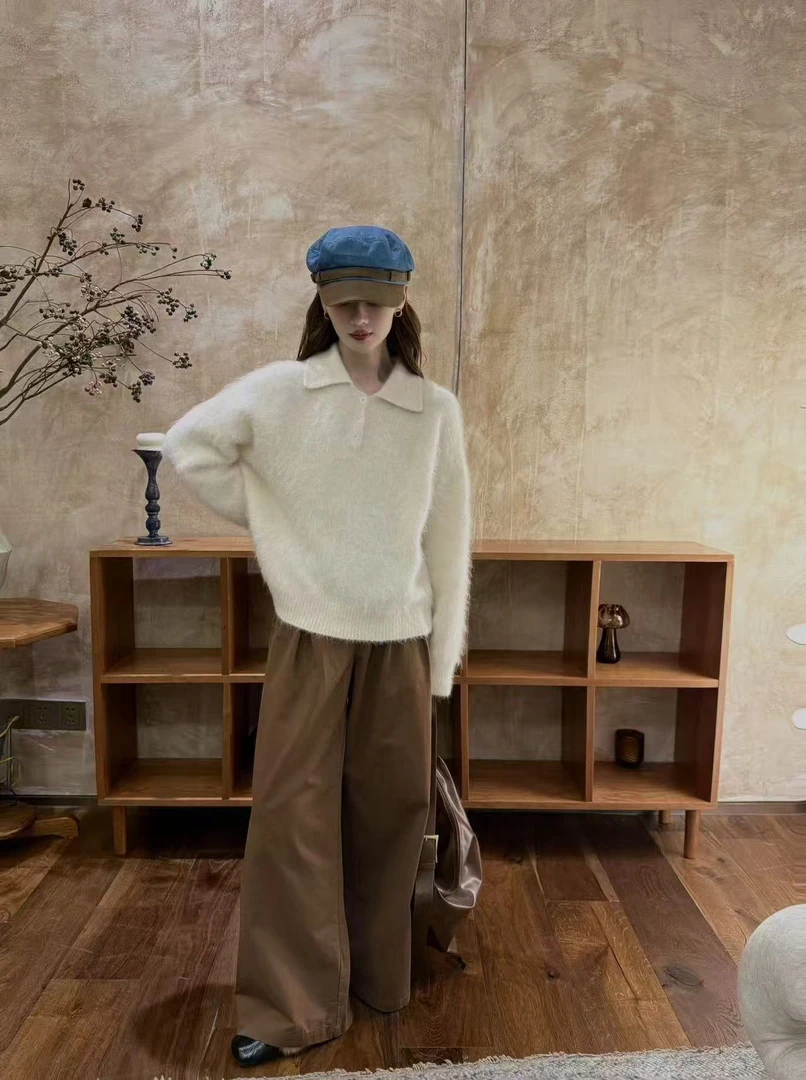 1699-1三炫家新款娃娃领三粒扣时尚百搭纯色拉毛工艺毛衣