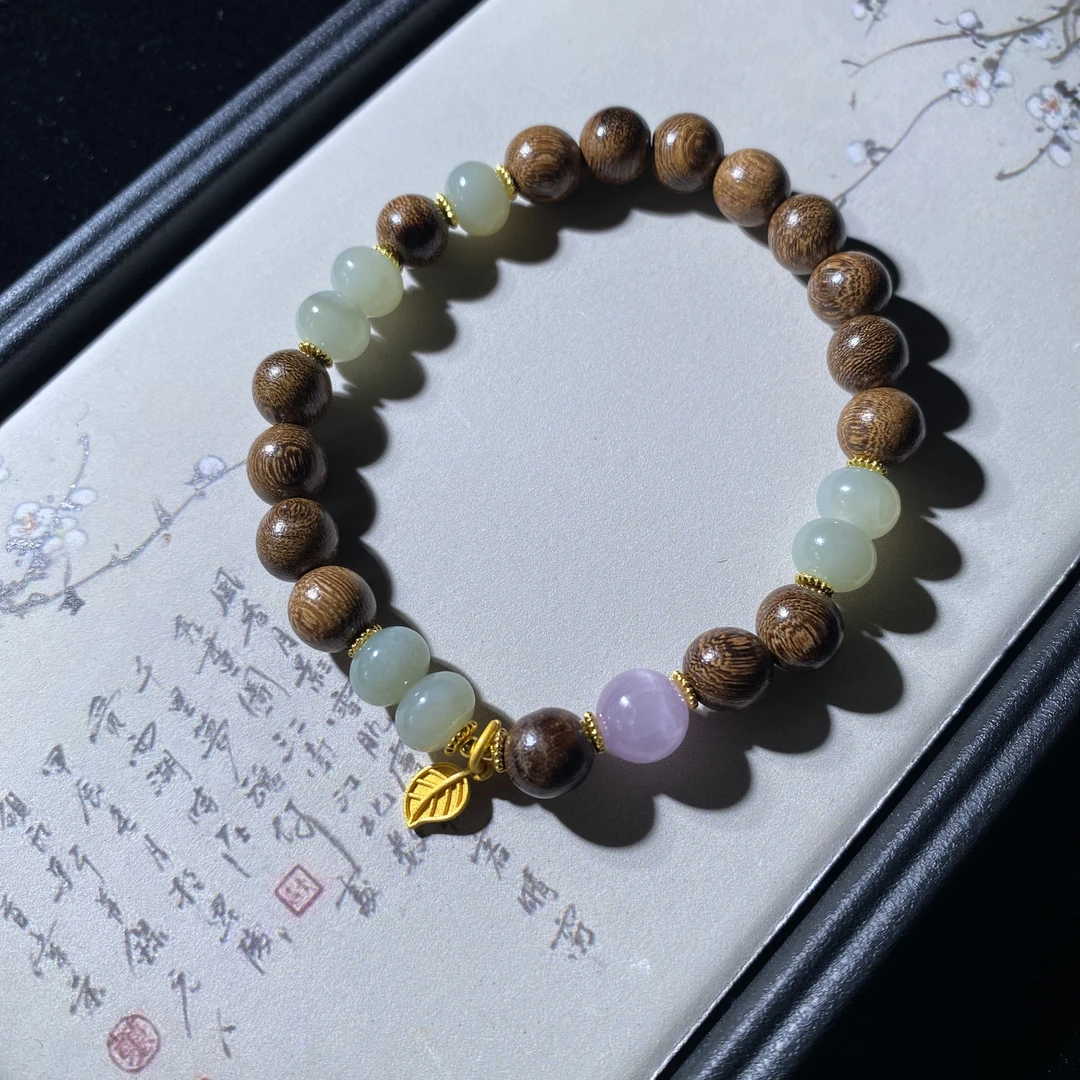 木质手串天然和田玉手串配紫锂辉小叶子手串手链-3039