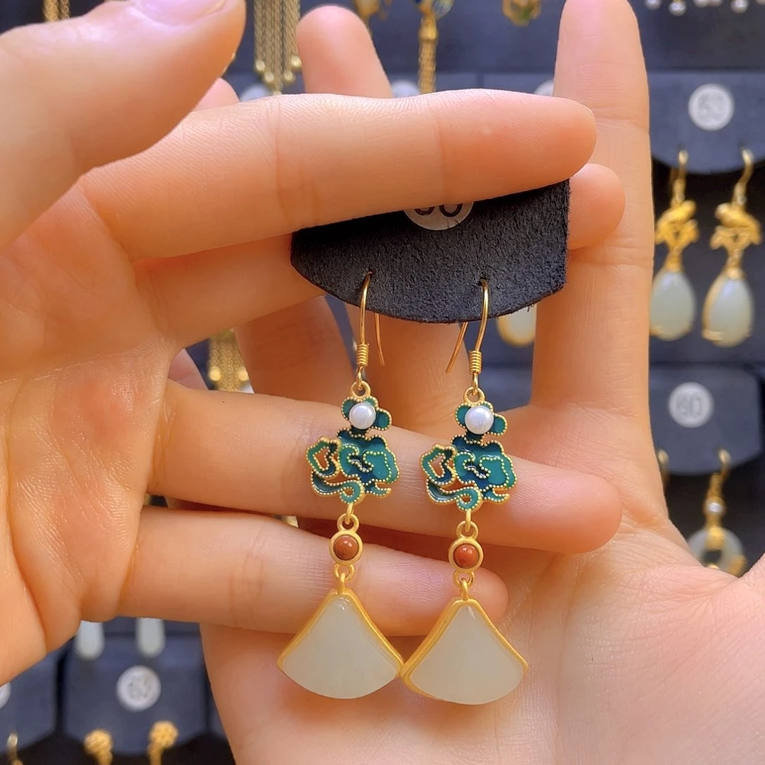 和田玉耳饰银S925镀金镶嵌