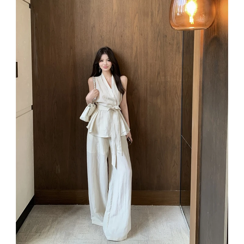 新中式气质穿搭套装女V领系带收腰亚麻无袖上衣垂感宽松阔腿长裤
