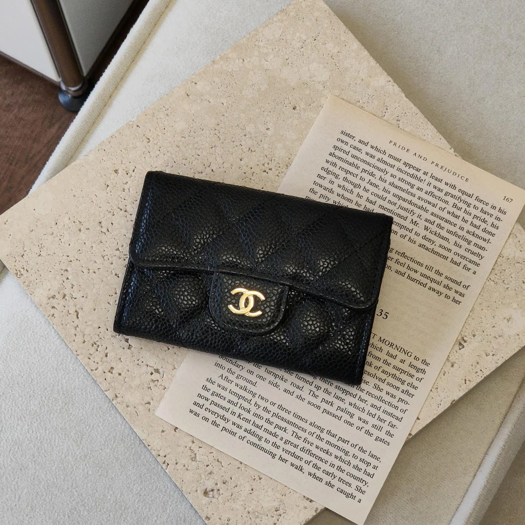 99新 Chanel/香奈儿 Azul-黑金荔枝纹牛皮零钱卡包/45032