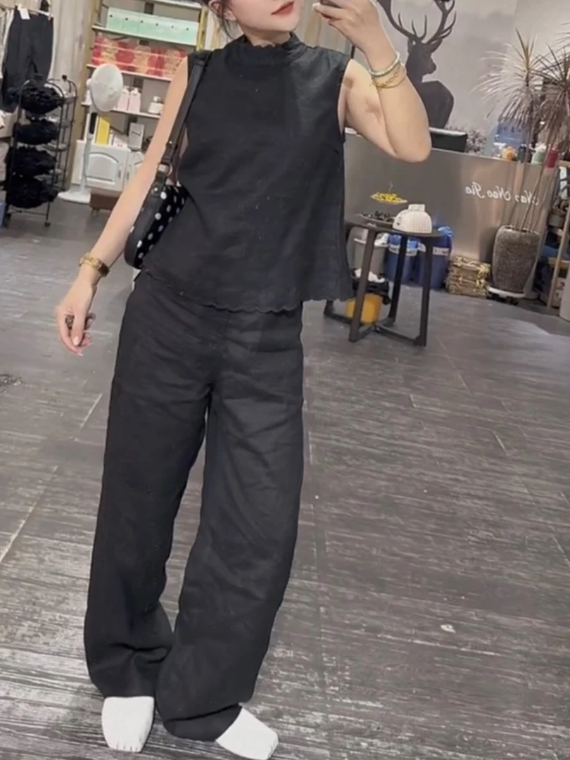 夏季新款蕾丝花边时尚套装无袖上衣高腰直筒裤洋气减龄显瘦穿搭