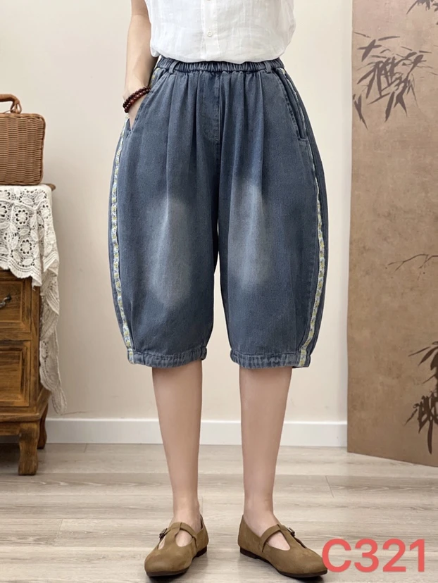 （清货）夏季直筒六分裤中裤短裤休闲牛仔裤松紧腰宽松百搭款