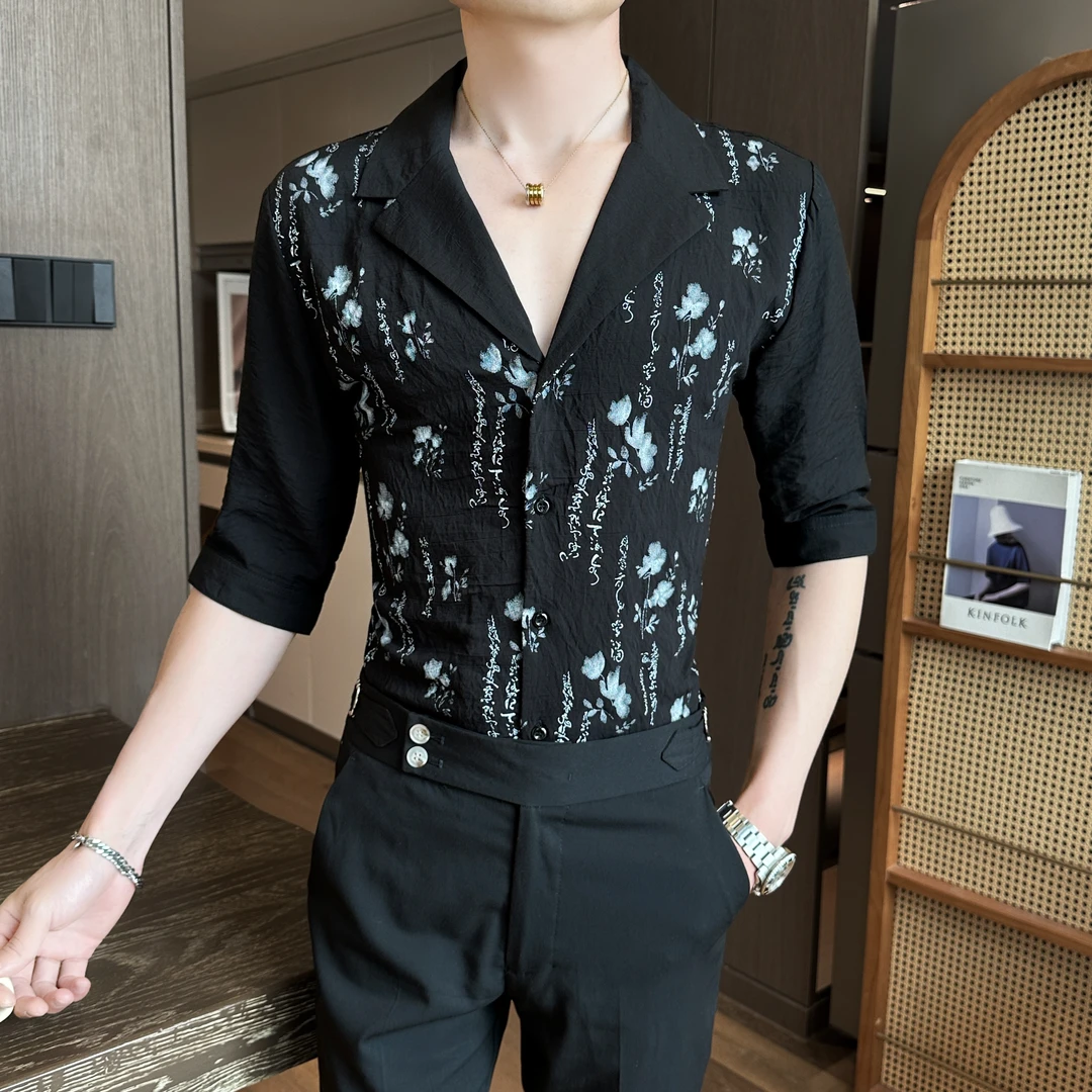 夏季古巴领印花衬衫男短袖潮牌男装高级感痞帅潮流修身七分袖衬衣