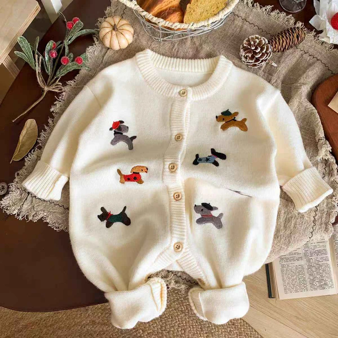 新2025童装春款爆款连身衣婴幼儿爬爬服婴儿小狗针织春秋哈衣毛衣
