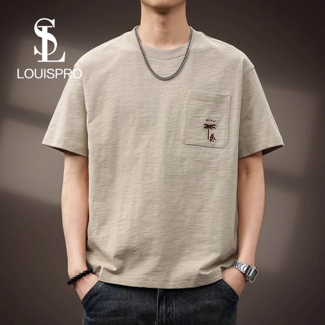 Louispro高端复古绣花短袖T恤男夏季新款潮牌圆领宽松透气体恤