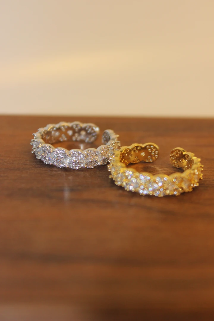 合金合成锆石戒指 气质锆石满钻开口戒指女小众设计轻奢戒指ins