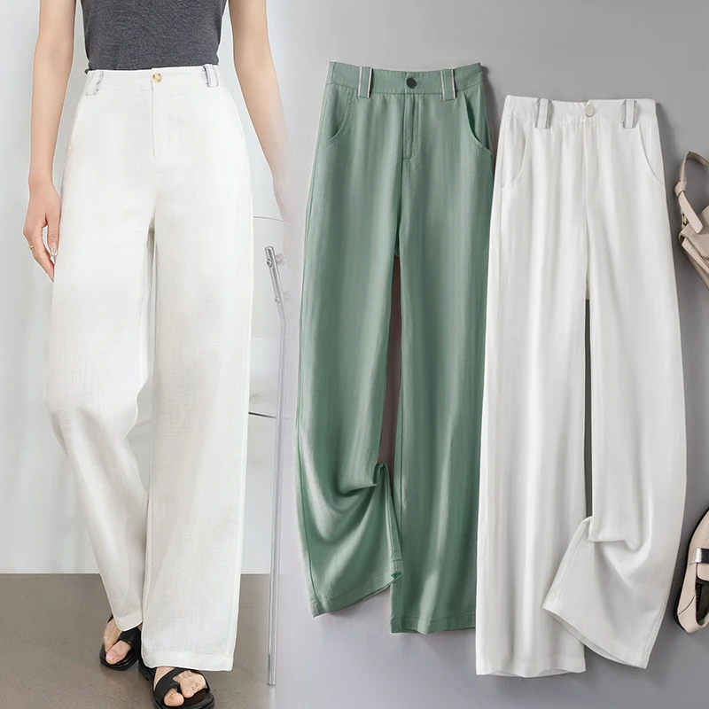 2025窄版阔腿裤女夏直筒裤天丝亚麻裤垂感高腰休闲裤显瘦女裤子