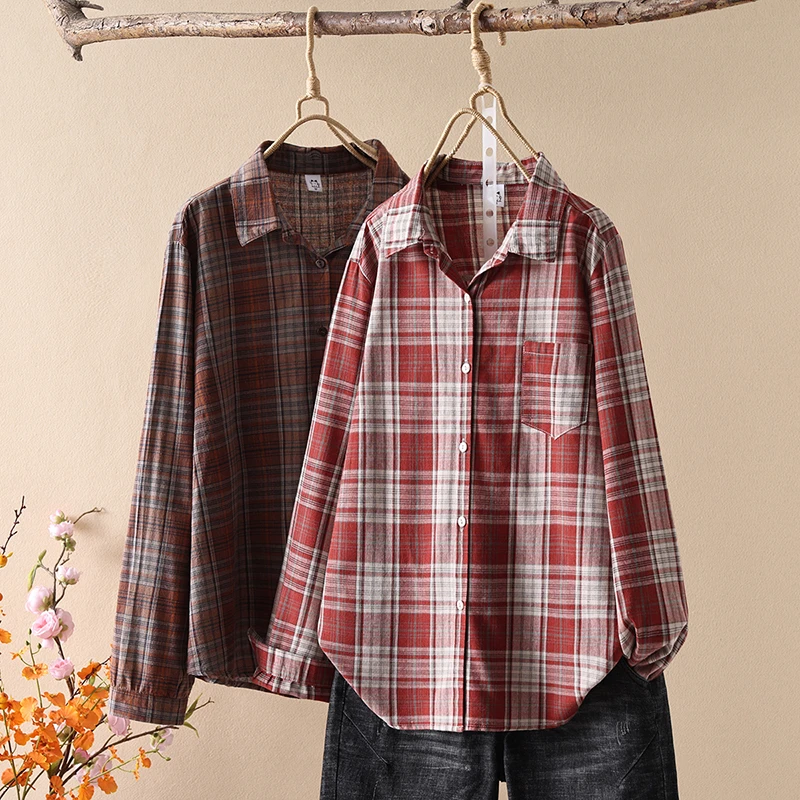 新款大码休闲衬衣上衣翻领春季长袖百搭显瘦宽松大码文艺衬衫364