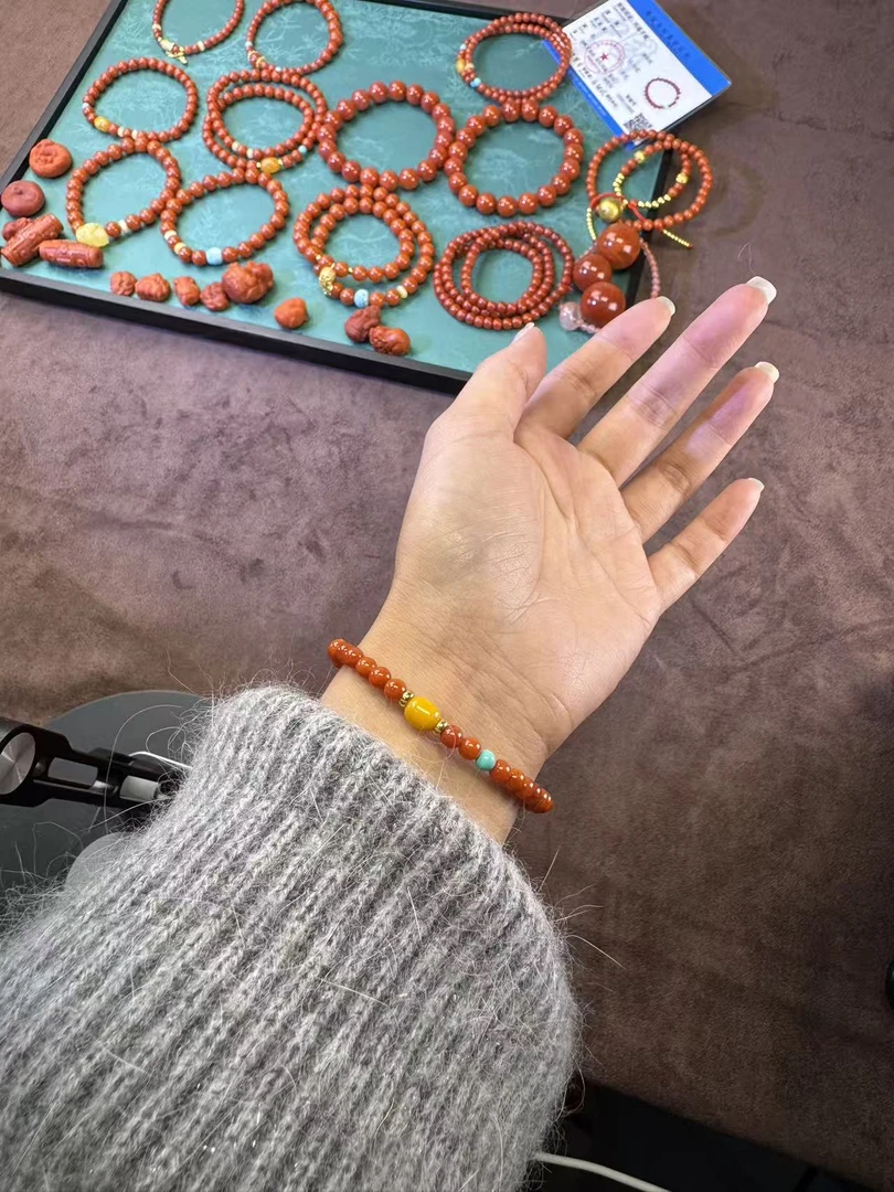 天然川料南红玛瑙单圈蜜蜡枣珠手串红色复古百搭