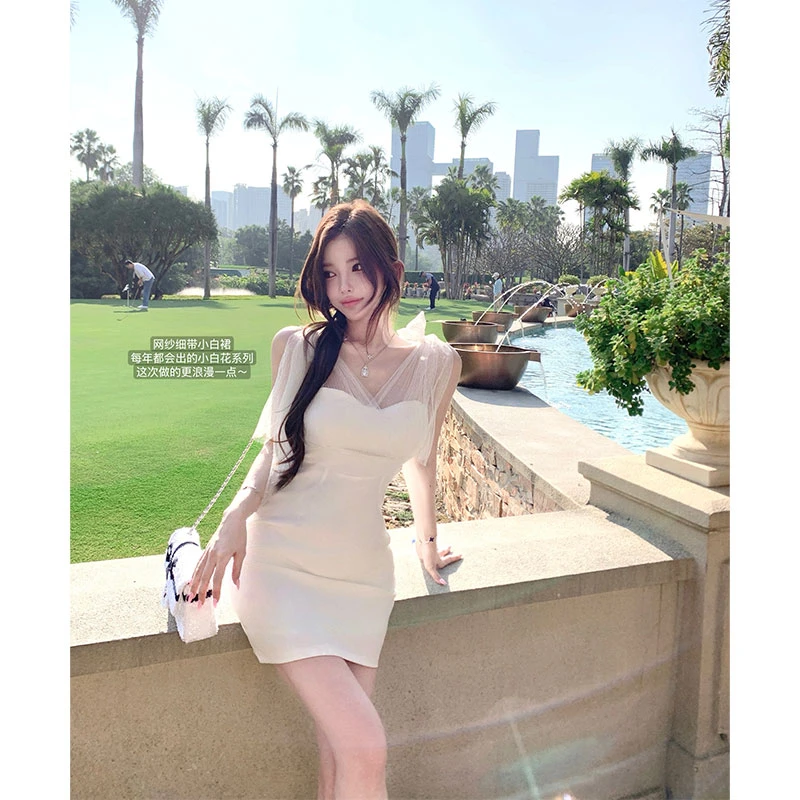 chic网红氛围感气质御姐网纱拼接连衣裙女2025年夏季新款连衣裙女