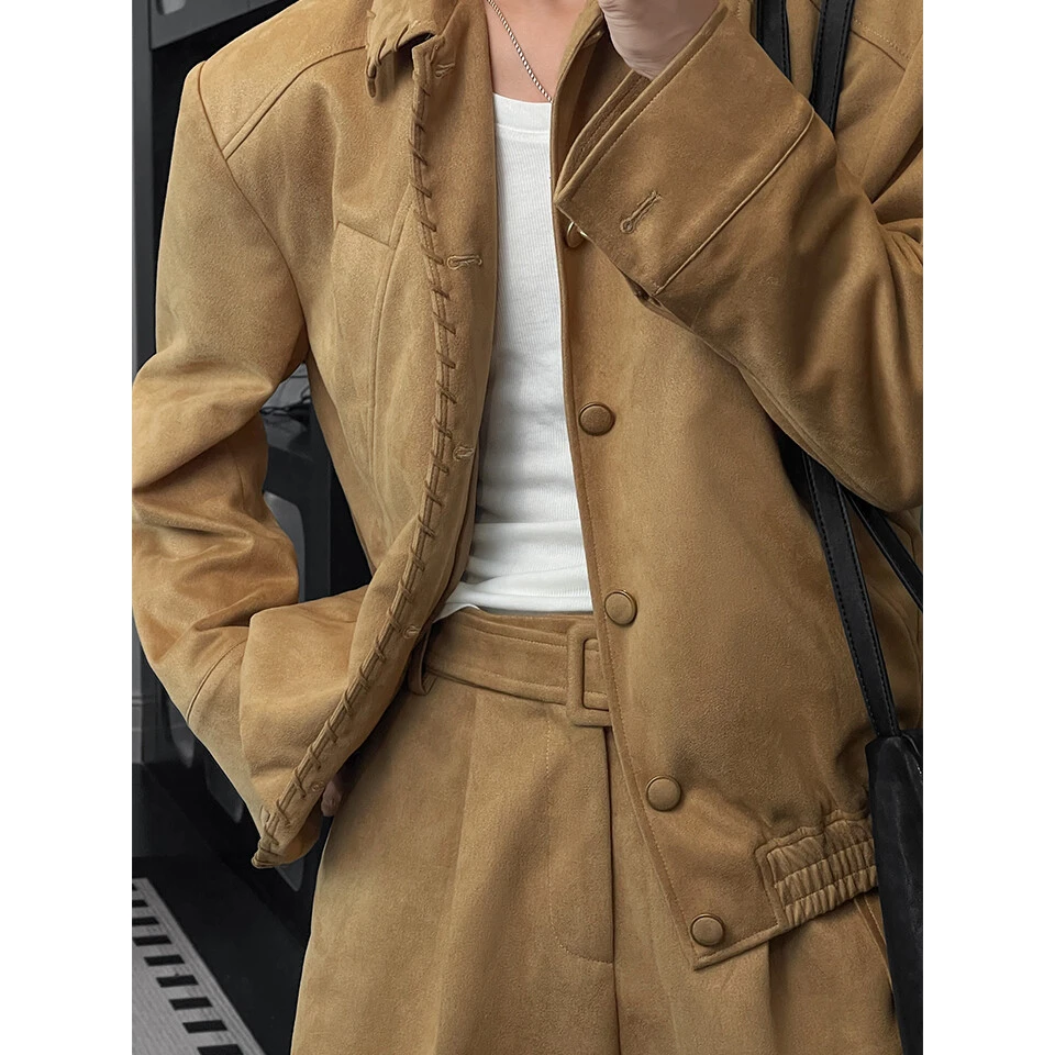 秋季新款潮流复古高级感绒面翻领夹克百搭宽松弯刀长裤套装