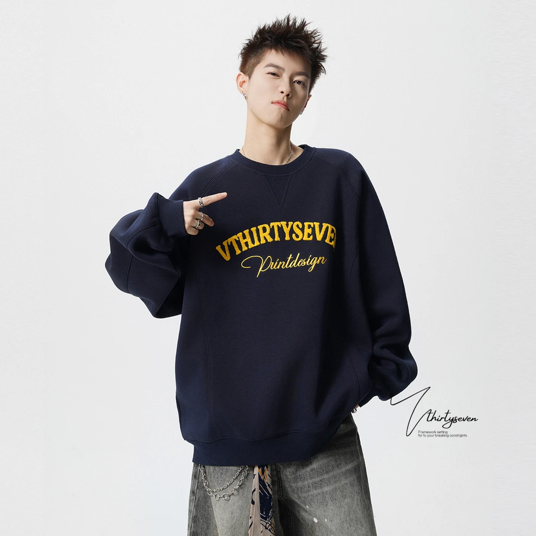 V37美式复古撞色字母刺绣圆领卫衣男秋季高街cleanfit慵懒风上衣